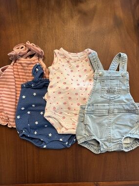 Newborn Baby Girls' Summer Onesie & Denim Shortalls Set - Pink, Blue, Light Wash